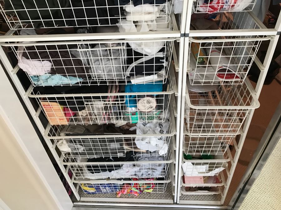 Elfa Vertical Stacking Wire Basket Storage Containers Filled With Various Items Including Scarves And A Few Handbags Apx 20 Wire Baskets [Photo 4]