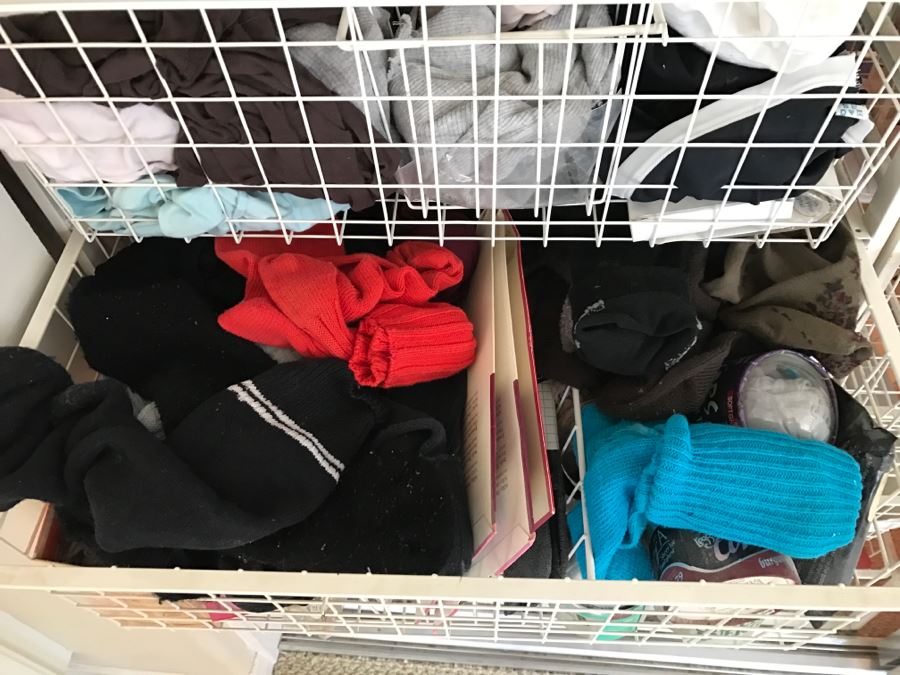 Elfa Vertical Stacking Wire Basket Storage Containers Filled With Various Items Including Scarves And A Few Handbags Apx 20 Wire Baskets [Photo 16]