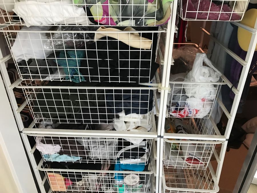 Elfa Vertical Stacking Wire Basket Storage Containers Filled With Various Items Including Scarves And A Few Handbags Apx 20 Wire Baskets [Photo 3]