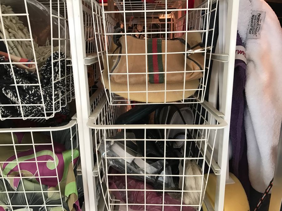 Elfa Vertical Stacking Wire Basket Storage Containers Filled With Various Items Including Scarves And A Few Handbags Apx 20 Wire Baskets [Photo 22]