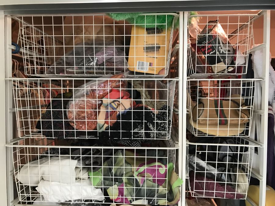 Elfa Vertical Stacking Wire Basket Storage Containers Filled With Various Items Including Scarves And A Few Handbags Apx 20 Wire Baskets [Photo 2]