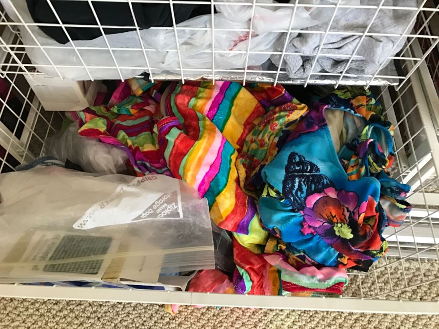 Elfa Vertical Stacking Wire Basket Storage Containers Filled With Various Items Including Scarves And A Few Handbags Apx 20 Wire Baskets [Photo 19]