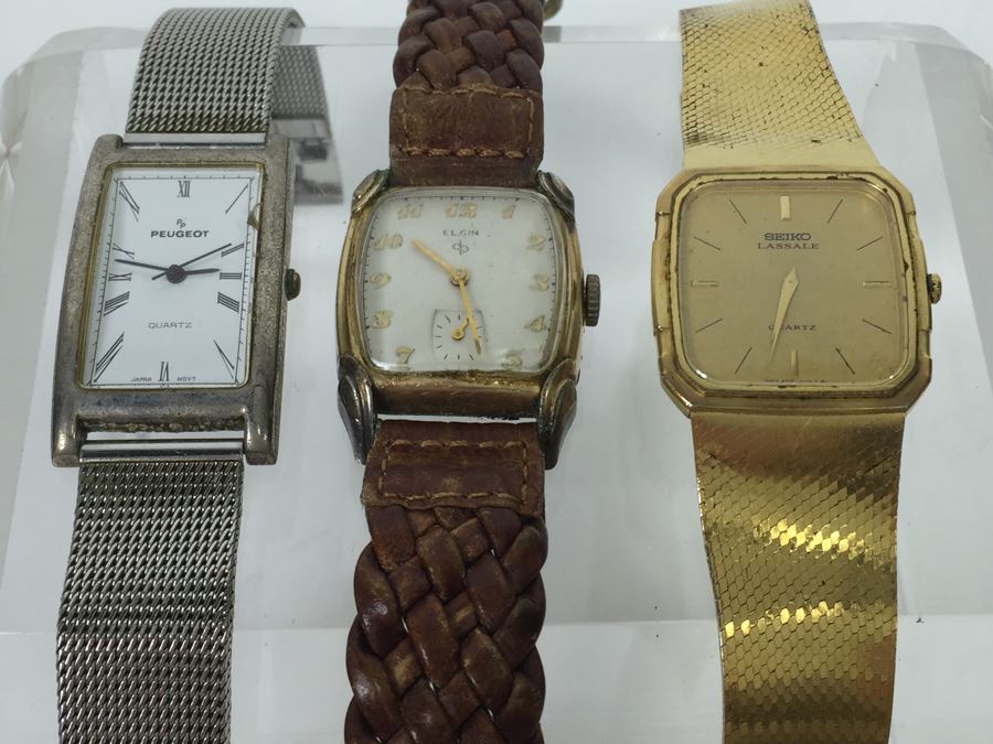 Collection Of (3) Vintage Watches: ELGIN Watch, SEIKO LASSALE Watch And Peugeot Watch