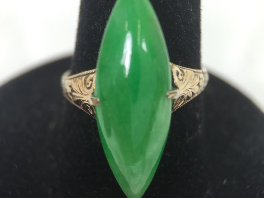 18K Yellow Gold JADE Ring Marquise Cut Cabochon Apx 4.5 Carat 13.5 X 8 X 4.8MM Ring Size 7.5 3.3g [Photo 23]