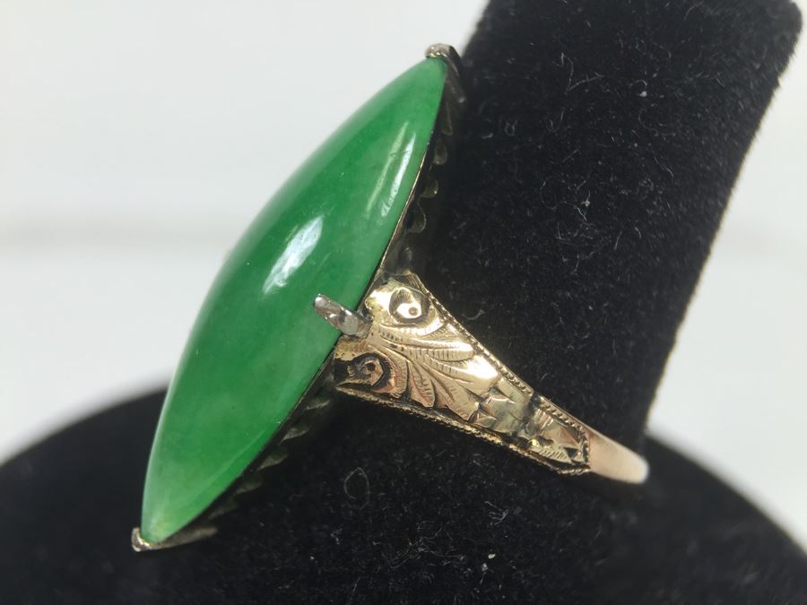 18K Yellow Gold JADE Ring Marquise Cut Cabochon Apx 4.5 Carat 13.5 X 8 X 4.8MM Ring Size 7.5 3.3g [Photo 13]