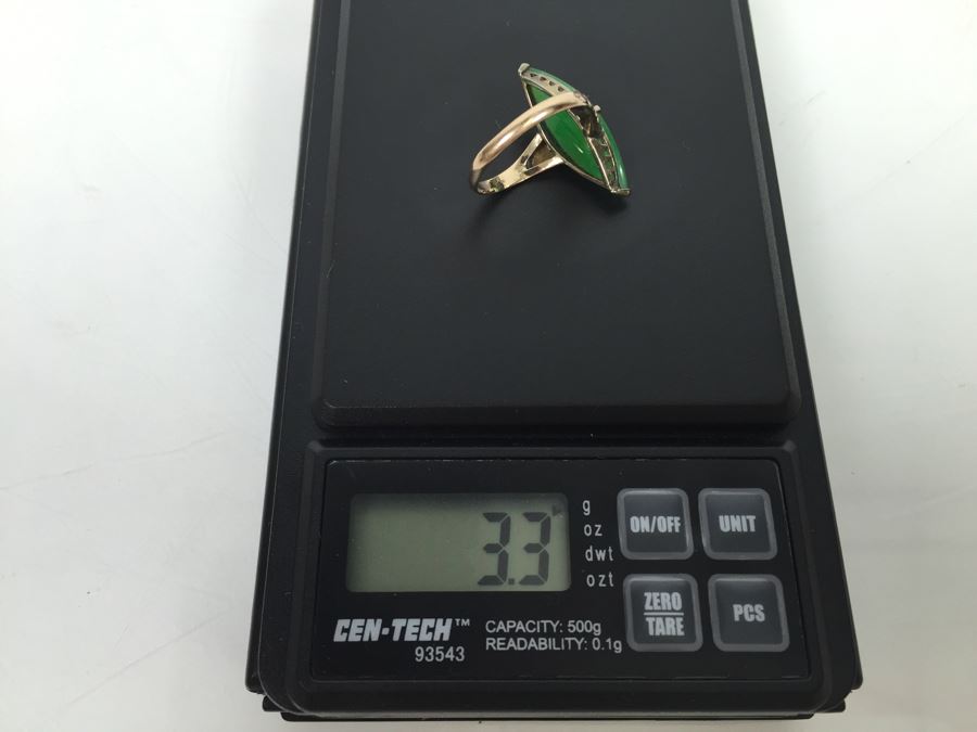18K Yellow Gold JADE Ring Marquise Cut Cabochon Apx 4.5 Carat 13.5 X 8 X 4.8MM Ring Size 7.5 3.3g [Photo 24]