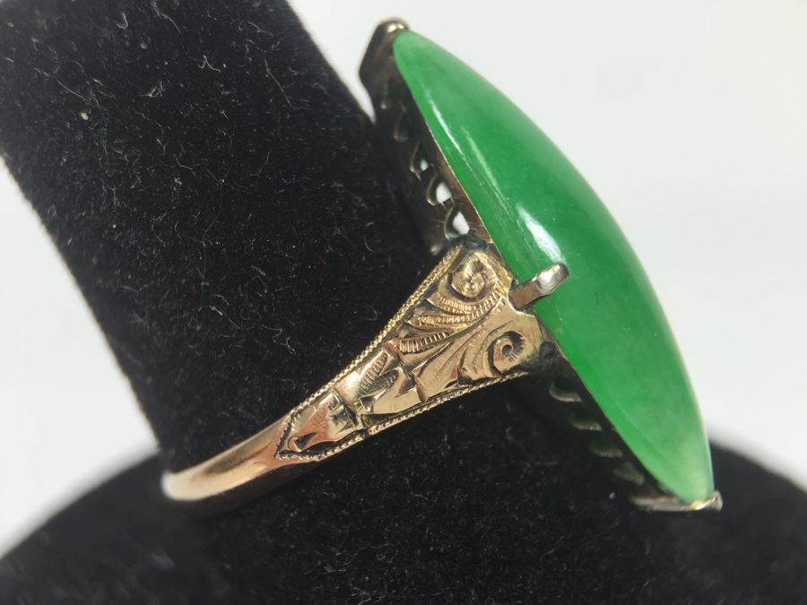 18K Yellow Gold JADE Ring Marquise Cut Cabochon Apx 4.5 Carat 13.5 X 8 X 4.8MM Ring Size 7.5 3.3g [Photo 11]