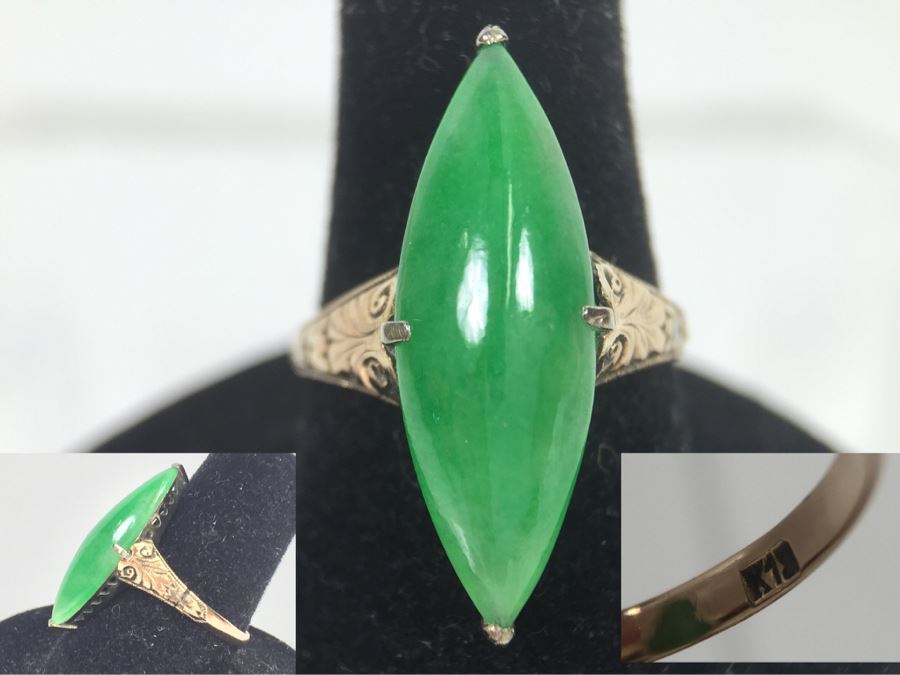 18K Yellow Gold JADE Ring Marquise Cut Cabochon Apx 4.5 Carat 13.5 X 8 X 4.8MM Ring Size 7.5 3.3g [Photo 1]