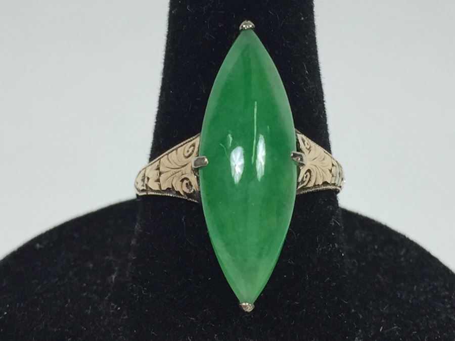 18K Yellow Gold JADE Ring Marquise Cut Cabochon Apx 4.5 Carat 13.5 X 8 X 4.8MM Ring Size 7.5 3.3g [Photo 4]