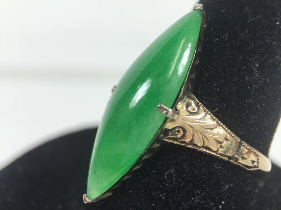 18K Yellow Gold JADE Ring Marquise Cut Cabochon Apx 4.5 Carat 13.5 X 8 X 4.8MM Ring Size 7.5 3.3g [Photo 14]