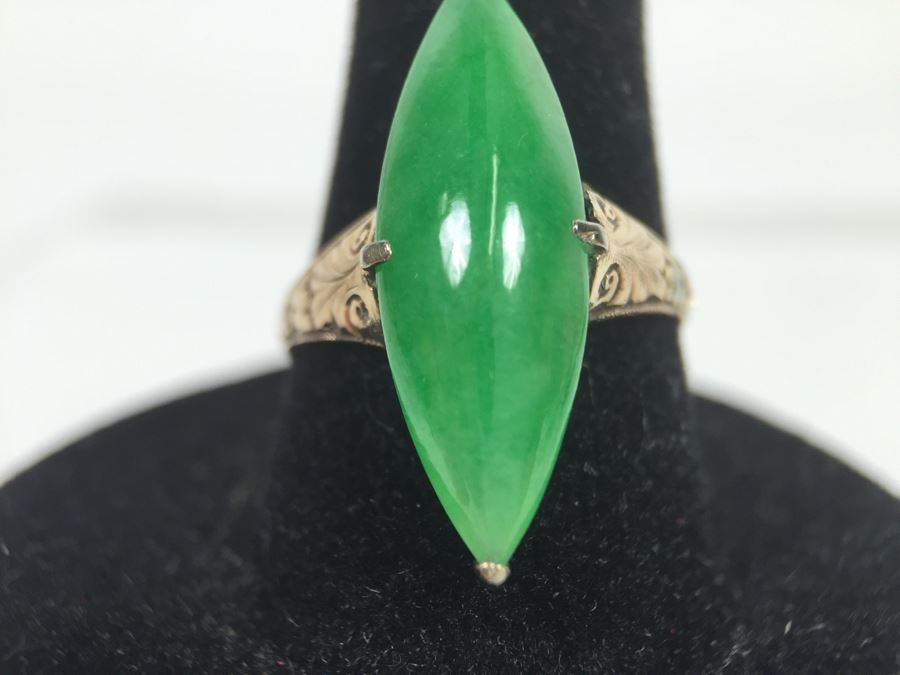 18K Yellow Gold JADE Ring Marquise Cut Cabochon Apx 4.5 Carat 13.5 X 8 X 4.8MM Ring Size 7.5 3.3g [Photo 21]