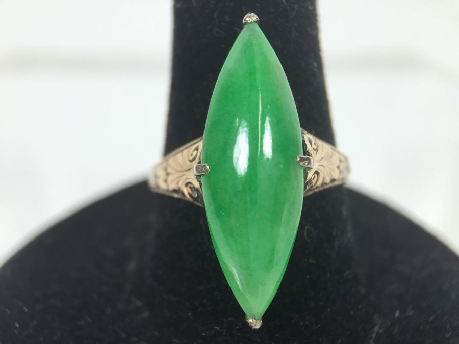18K Yellow Gold JADE Ring Marquise Cut Cabochon Apx 4.5 Carat 13.5 X 8 X 4.8MM Ring Size 7.5 3.3g [Photo 2]