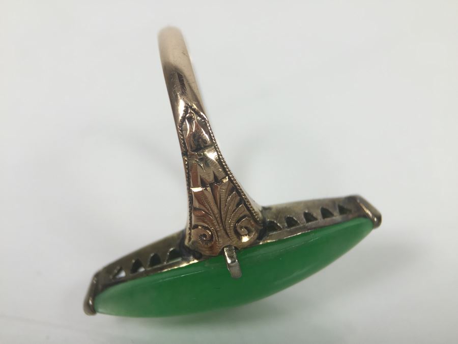 18K Yellow Gold JADE Ring Marquise Cut Cabochon Apx 4.5 Carat 13.5 X 8 X 4.8MM Ring Size 7.5 3.3g [Photo 9]