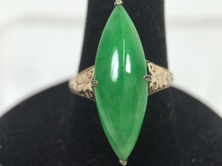18K Yellow Gold JADE Ring Marquise Cut Cabochon Apx 4.5 Carat 13.5 X 8 X 4.8MM Ring Size 7.5 3.3g [Photo 20]