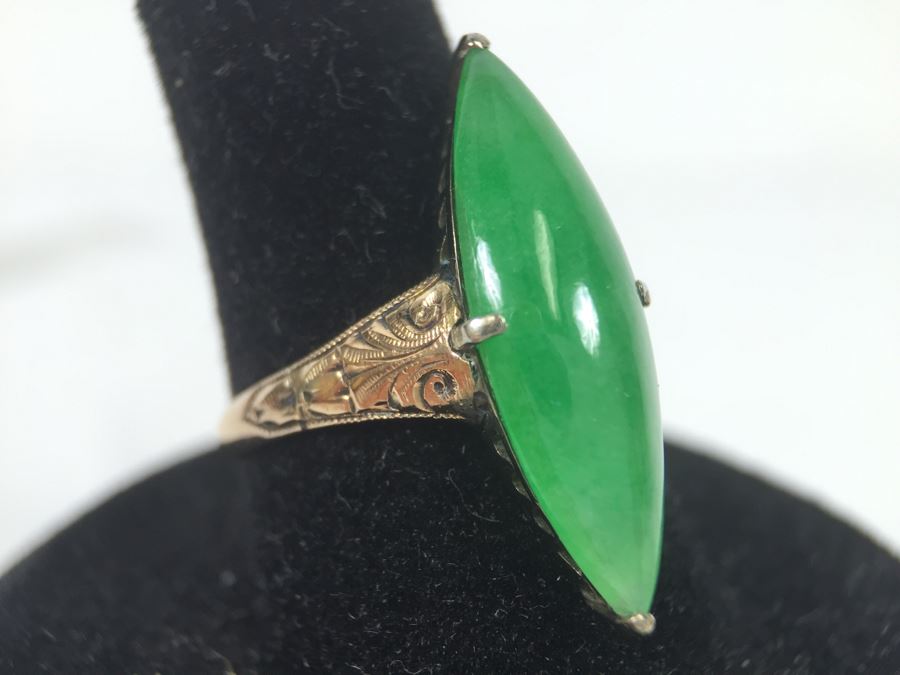 18K Yellow Gold JADE Ring Marquise Cut Cabochon Apx 4.5 Carat 13.5 X 8 X 4.8MM Ring Size 7.5 3.3g [Photo 12]