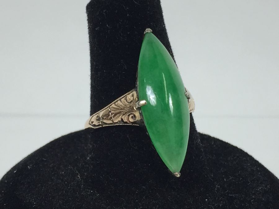 18K Yellow Gold JADE Ring Marquise Cut Cabochon Apx 4.5 Carat 13.5 X 8 X 4.8MM Ring Size 7.5 3.3g [Photo 3]