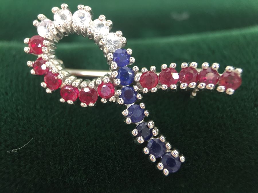 14K White Gold Signed CID Maker Clyde Duneier (11) Natural Rubies, (12) Sapphires (White And Blue) 23-2MM Round Corundum Apx 1.00 Carat Total Weight 2.6g [Photo 2]
