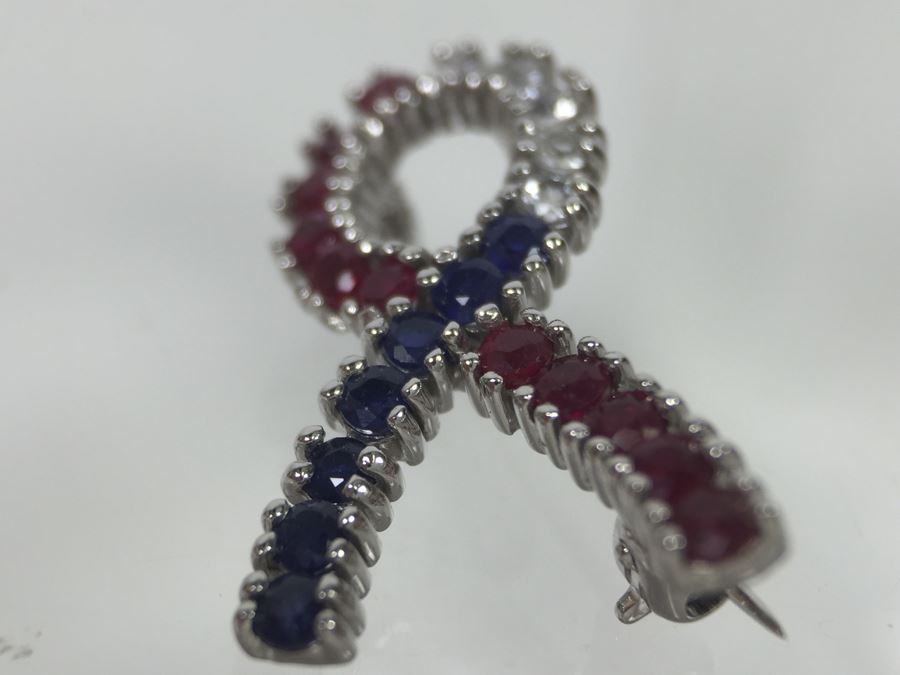 14K White Gold Signed CID Maker Clyde Duneier (11) Natural Rubies, (12) Sapphires (White And Blue) 23-2MM Round Corundum Apx 1.00 Carat Total Weight 2.6g [Photo 10]