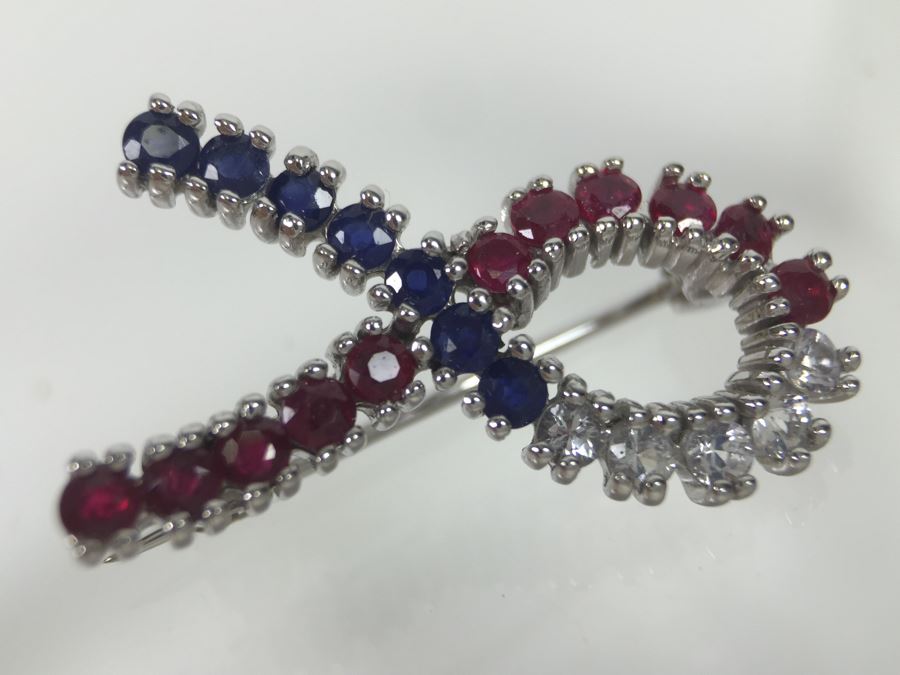 14K White Gold Signed CID Maker Clyde Duneier (11) Natural Rubies, (12) Sapphires (White And Blue) 23-2MM Round Corundum Apx 1.00 Carat Total Weight 2.6g [Photo 16]