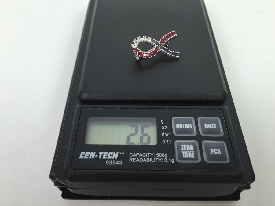 14K White Gold Signed CID Maker Clyde Duneier (11) Natural Rubies, (12) Sapphires (White And Blue) 23-2MM Round Corundum Apx 1.00 Carat Total Weight 2.6g [Photo 21]