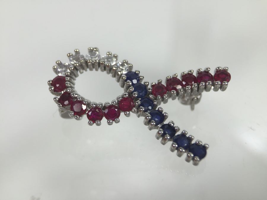 14K White Gold Signed CID Maker Clyde Duneier (11) Natural Rubies, (12) Sapphires (White And Blue) 23-2MM Round Corundum Apx 1.00 Carat Total Weight 2.6g [Photo 8]