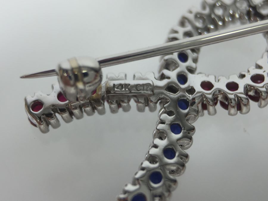 14K White Gold Signed CID Maker Clyde Duneier (11) Natural Rubies, (12) Sapphires (White And Blue) 23-2MM Round Corundum Apx 1.00 Carat Total Weight 2.6g [Photo 11]