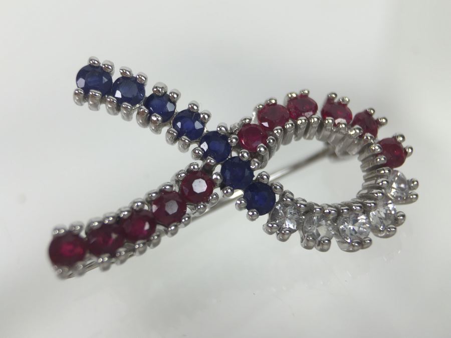 14K White Gold Signed CID Maker Clyde Duneier (11) Natural Rubies, (12) Sapphires (White And Blue) 23-2MM Round Corundum Apx 1.00 Carat Total Weight 2.6g [Photo 17]