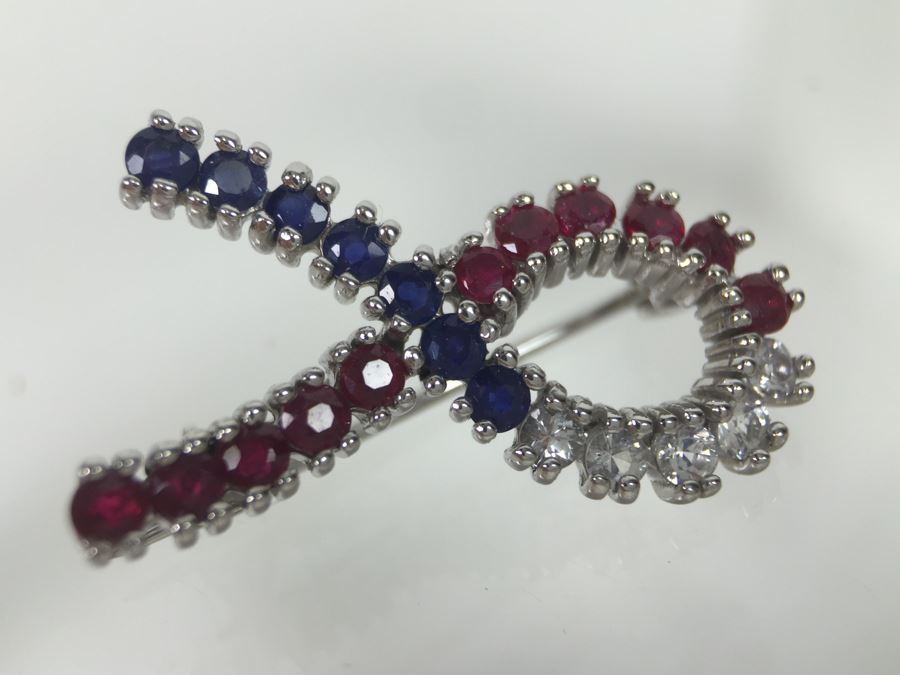 14K White Gold Signed CID Maker Clyde Duneier (11) Natural Rubies, (12) Sapphires (White And Blue) 23-2MM Round Corundum Apx 1.00 Carat Total Weight 2.6g [Photo 15]