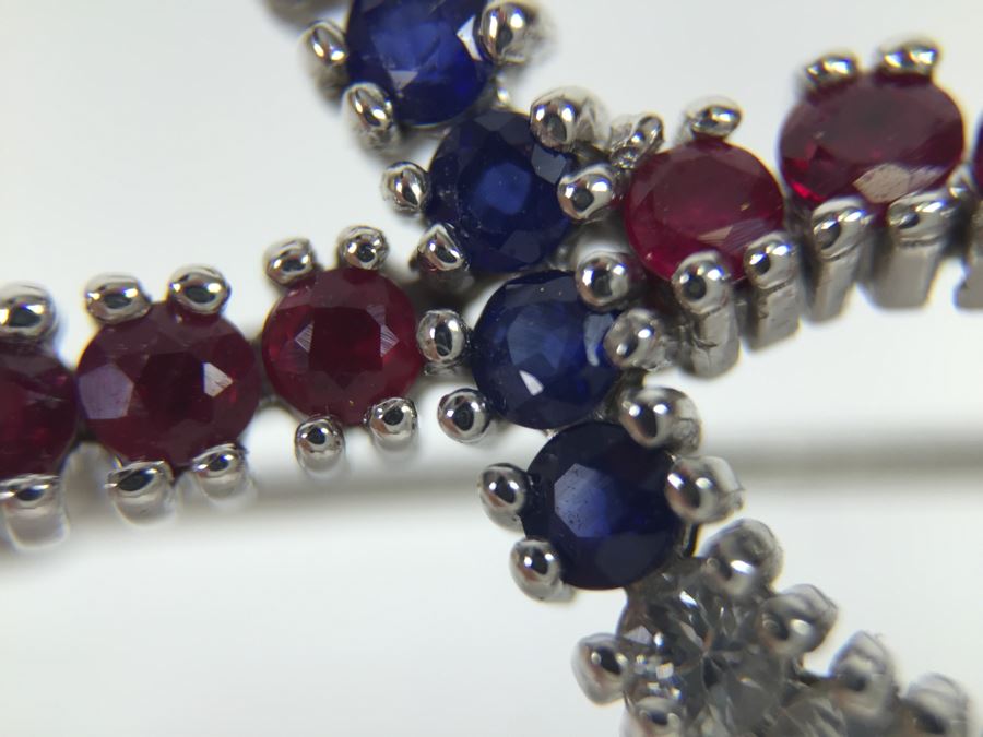14K White Gold Signed CID Maker Clyde Duneier (11) Natural Rubies, (12) Sapphires (White And Blue) 23-2MM Round Corundum Apx 1.00 Carat Total Weight 2.6g [Photo 19]