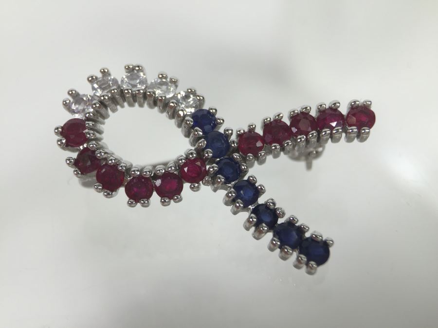 14K White Gold Signed CID Maker Clyde Duneier (11) Natural Rubies, (12) Sapphires (White And Blue) 23-2MM Round Corundum Apx 1.00 Carat Total Weight 2.6g [Photo 7]