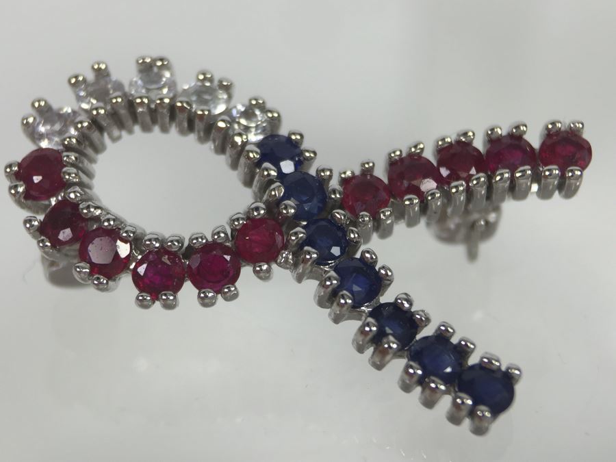 14K White Gold Signed CID Maker Clyde Duneier (11) Natural Rubies, (12) Sapphires (White And Blue) 23-2MM Round Corundum Apx 1.00 Carat Total Weight 2.6g [Photo 9]