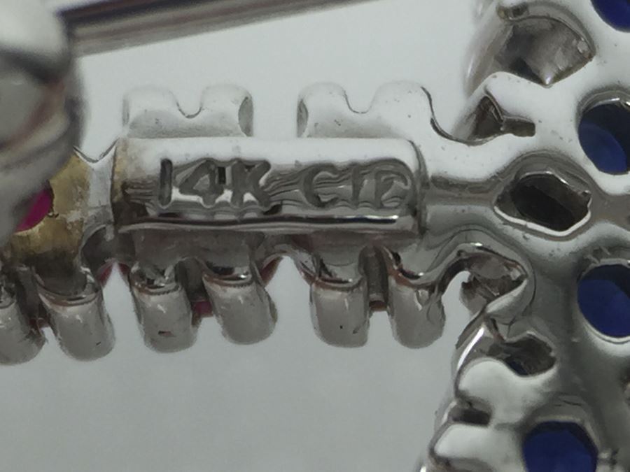 14K White Gold Signed CID Maker Clyde Duneier (11) Natural Rubies, (12) Sapphires (White And Blue) 23-2MM Round Corundum Apx 1.00 Carat Total Weight 2.6g [Photo 14]