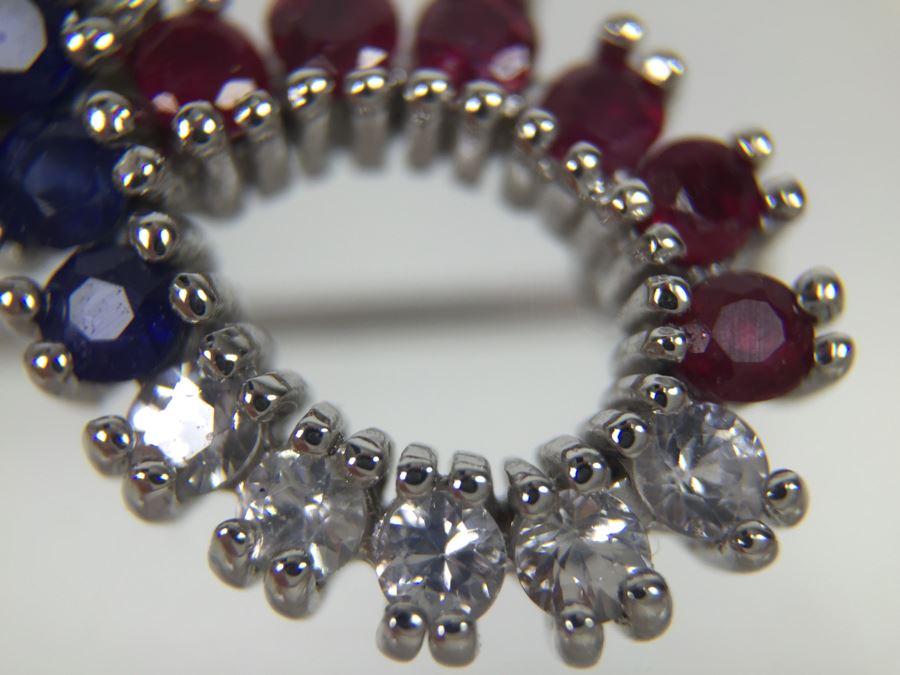 14K White Gold Signed CID Maker Clyde Duneier (11) Natural Rubies, (12) Sapphires (White And Blue) 23-2MM Round Corundum Apx 1.00 Carat Total Weight 2.6g [Photo 18]