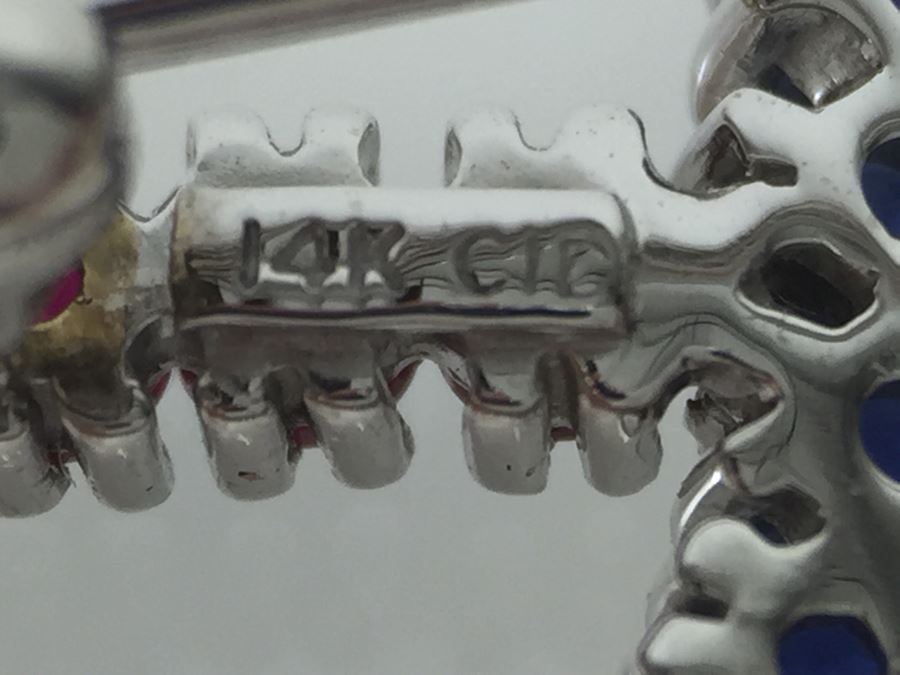 14K White Gold Signed CID Maker Clyde Duneier (11) Natural Rubies, (12) Sapphires (White And Blue) 23-2MM Round Corundum Apx 1.00 Carat Total Weight 2.6g [Photo 13]