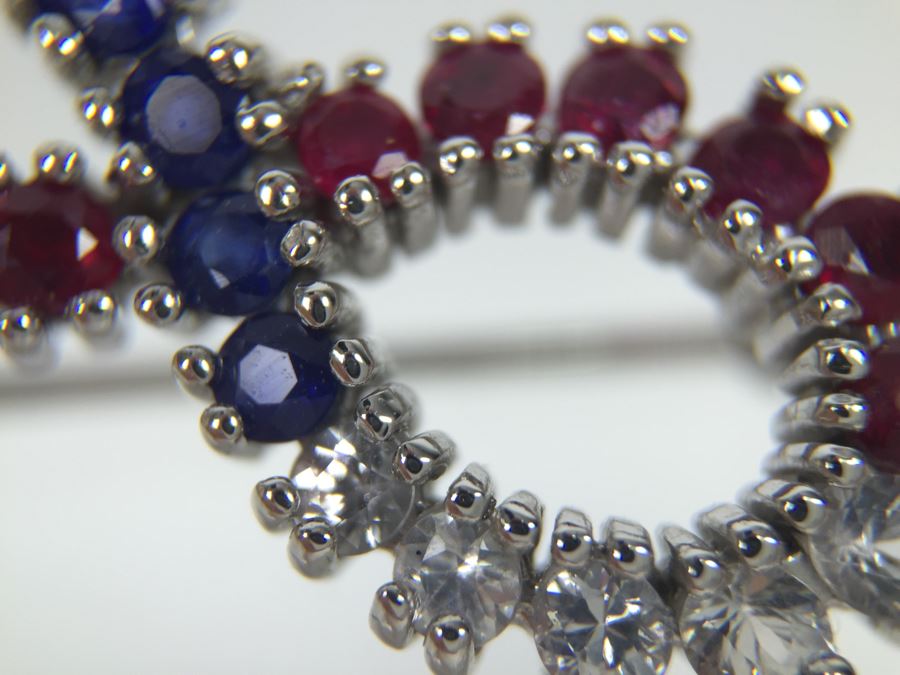 14K White Gold Signed CID Maker Clyde Duneier (11) Natural Rubies, (12) Sapphires (White And Blue) 23-2MM Round Corundum Apx 1.00 Carat Total Weight 2.6g [Photo 20]