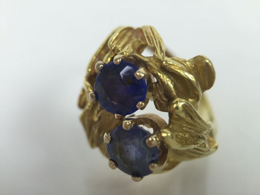 18K Yellow Gold Ring With (2) Round Blue Sapphires 6.2-6.3MM X 4.0MM Apx. 2.5 Carats Total Weight - Each Saphire Appraised At $1,000 Each But They Need Polishing - Must See In Person - Ring Size 6 9.3g [Photo 13]