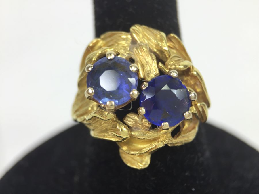 18K Yellow Gold Ring With (2) Round Blue Sapphires 6.2-6.3MM X 4.0MM Apx. 2.5 Carats Total Weight - Each Saphire Appraised At $1,000 Each But They Need Polishing - Must See In Person - Ring Size 6 9.3g [Photo 26]