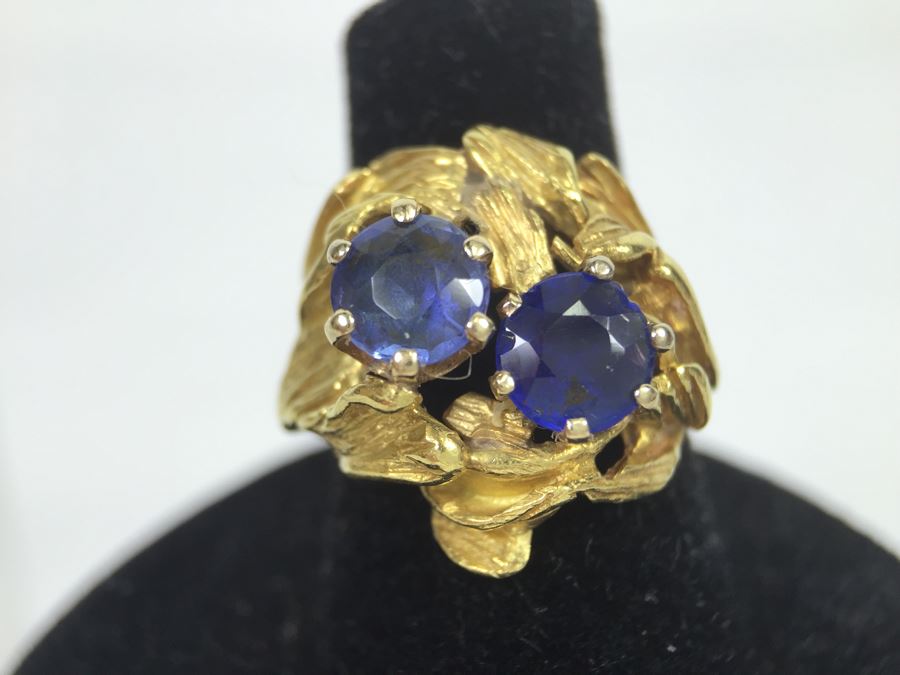 18K Yellow Gold Ring With (2) Round Blue Sapphires 6.2-6.3MM X 4.0MM Apx. 2.5 Carats Total Weight - Each Saphire Appraised At $1,000 Each But They Need Polishing - Must See In Person - Ring Size 6 9.3g [Photo 27]