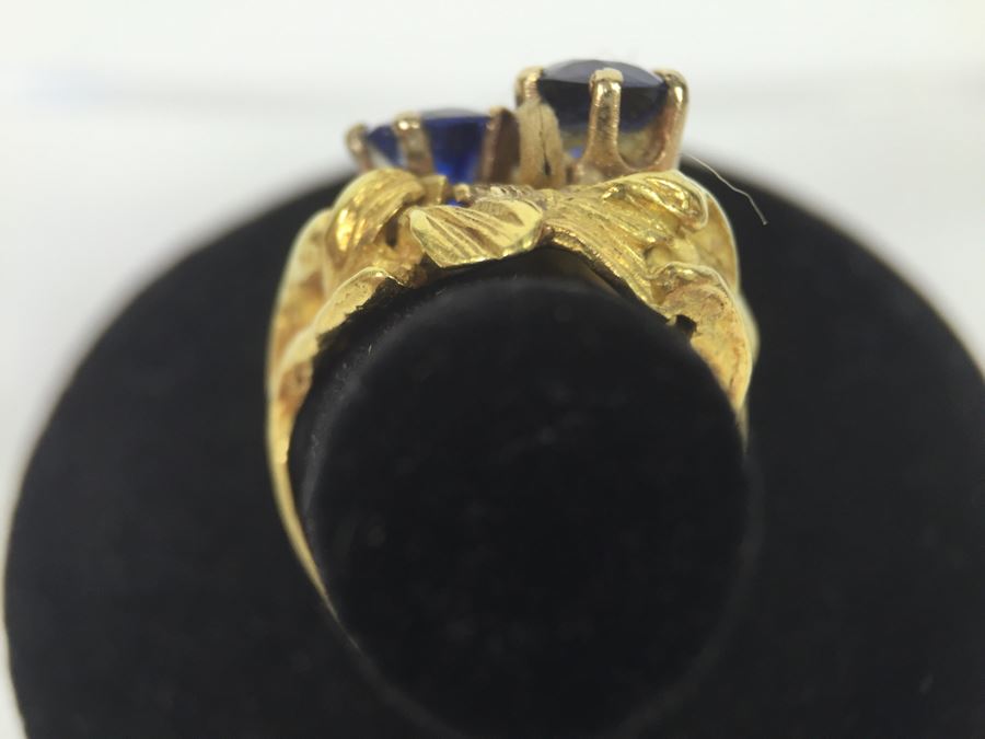 18K Yellow Gold Ring With (2) Round Blue Sapphires 6.2-6.3MM X 4.0MM Apx. 2.5 Carats Total Weight - Each Saphire Appraised At $1,000 Each But They Need Polishing - Must See In Person - Ring Size 6 9.3g [Photo 31]