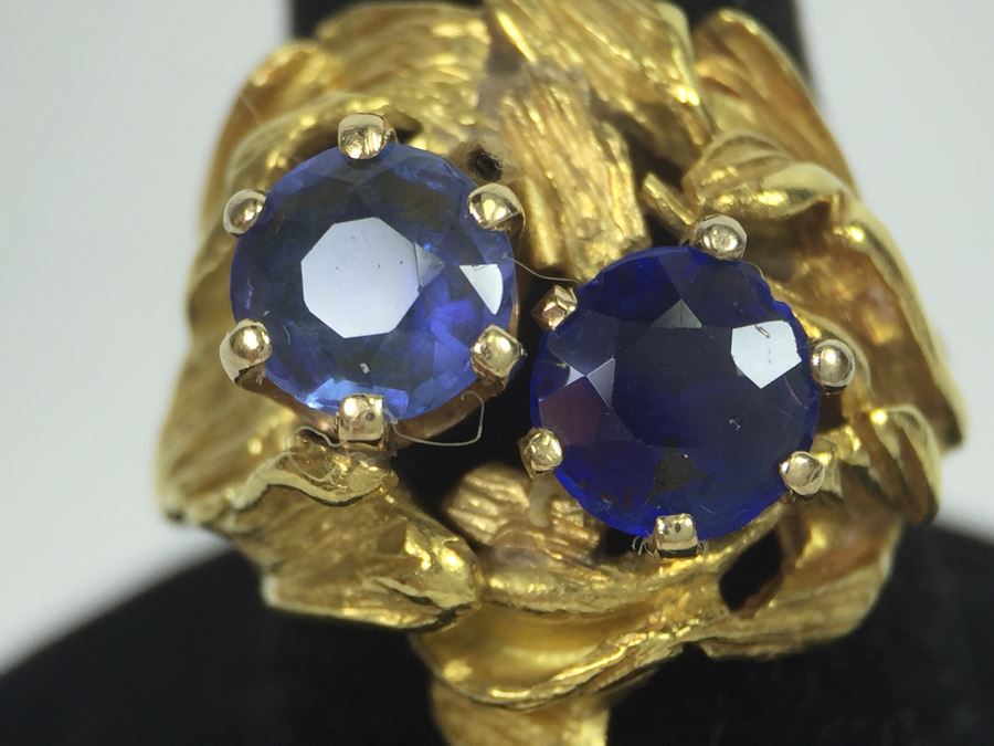 18K Yellow Gold Ring With (2) Round Blue Sapphires 6.2-6.3MM X 4.0MM Apx. 2.5 Carats Total Weight - Each Saphire Appraised At $1,000 Each But They Need Polishing - Must See In Person - Ring Size 6 9.3g [Photo 28]