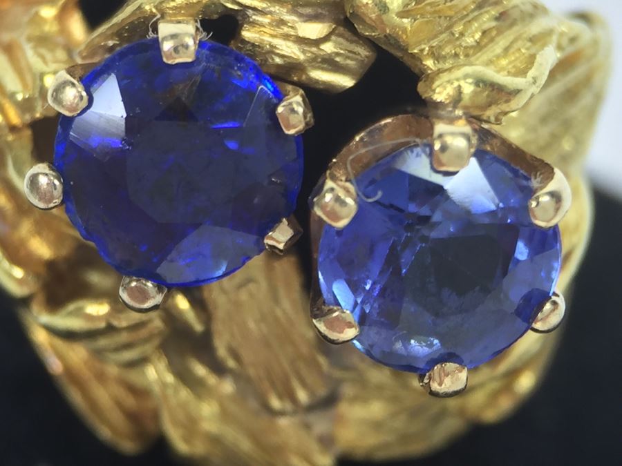 18K Yellow Gold Ring With (2) Round Blue Sapphires 6.2-6.3MM X 4.0MM Apx. 2.5 Carats Total Weight - Each Saphire Appraised At $1,000 Each But They Need Polishing - Must See In Person - Ring Size 6 9.3g [Photo 44]