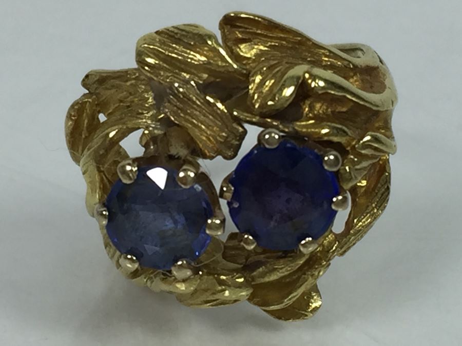18K Yellow Gold Ring With (2) Round Blue Sapphires 6.2-6.3MM X 4.0MM Apx. 2.5 Carats Total Weight - Each Saphire Appraised At $1,000 Each But They Need Polishing - Must See In Person - Ring Size 6 9.3g [Photo 11]