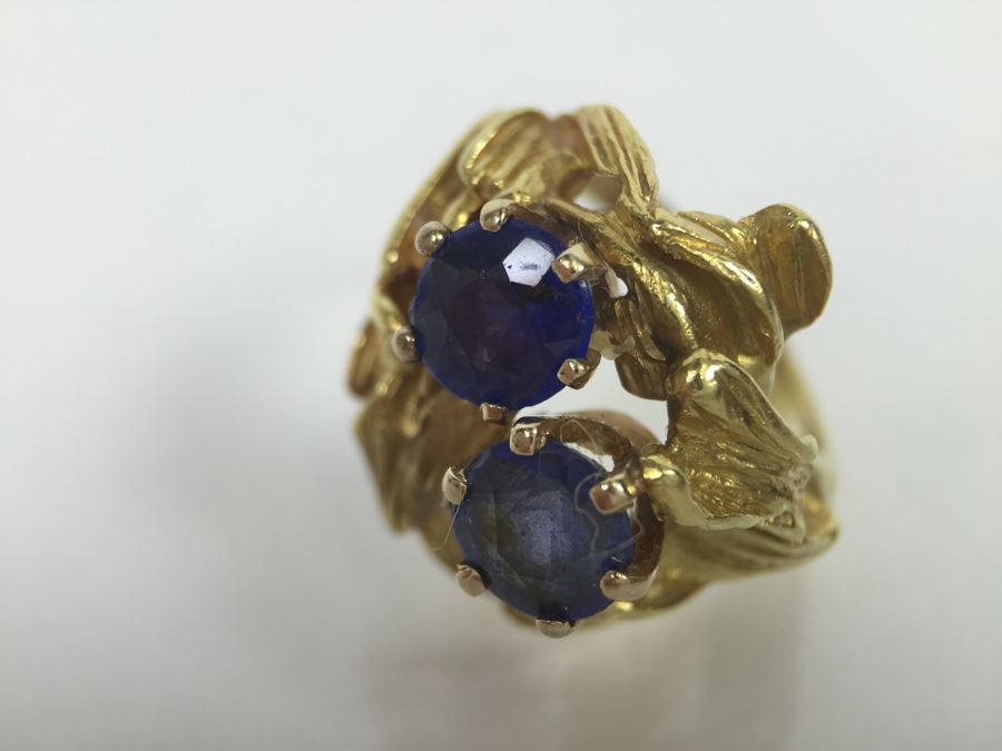 18K Yellow Gold Ring With (2) Round Blue Sapphires 6.2-6.3MM X 4.0MM Apx. 2.5 Carats Total Weight - Each Saphire Appraised At $1,000 Each But They Need Polishing - Must See In Person - Ring Size 6 9.3g [Photo 12]