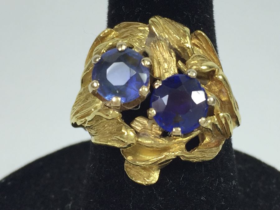 18K Yellow Gold Ring With (2) Round Blue Sapphires 6.2-6.3MM X 4.0MM Apx. 2.5 Carats Total Weight - Each Saphire Appraised At $1,000 Each But They Need Polishing - Must See In Person - Ring Size 6 9.3g [Photo 38]