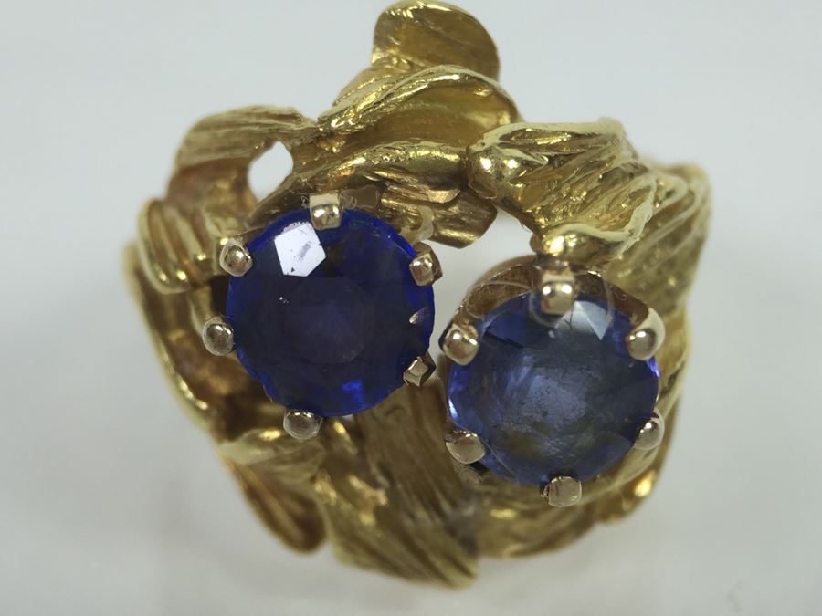 18K Yellow Gold Ring With (2) Round Blue Sapphires 6.2-6.3MM X 4.0MM Apx. 2.5 Carats Total Weight - Each Saphire Appraised At $1,000 Each But They Need Polishing - Must See In Person - Ring Size 6 9.3g [Photo 20]