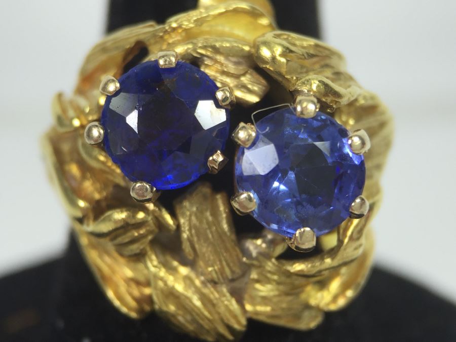 18K Yellow Gold Ring With (2) Round Blue Sapphires 6.2-6.3MM X 4.0MM Apx. 2.5 Carats Total Weight - Each Saphire Appraised At $1,000 Each But They Need Polishing - Must See In Person - Ring Size 6 9.3g [Photo 41]