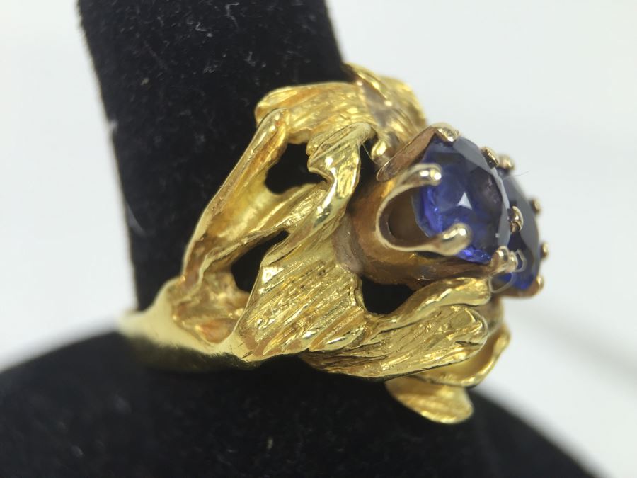 18K Yellow Gold Ring With (2) Round Blue Sapphires 6.2-6.3MM X 4.0MM Apx. 2.5 Carats Total Weight - Each Saphire Appraised At $1,000 Each But They Need Polishing - Must See In Person - Ring Size 6 9.3g [Photo 30]