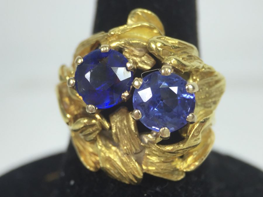 18K Yellow Gold Ring With (2) Round Blue Sapphires 6.2-6.3MM X 4.0MM Apx. 2.5 Carats Total Weight - Each Saphire Appraised At $1,000 Each But They Need Polishing - Must See In Person - Ring Size 6 9.3g [Photo 42]
