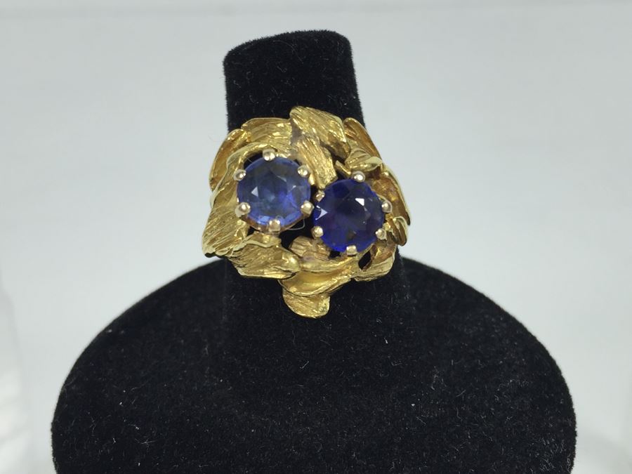 18K Yellow Gold Ring With (2) Round Blue Sapphires 6.2-6.3MM X 4.0MM Apx. 2.5 Carats Total Weight - Each Saphire Appraised At $1,000 Each But They Need Polishing - Must See In Person - Ring Size 6 9.3g [Photo 4]
