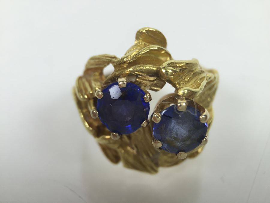 18K Yellow Gold Ring With (2) Round Blue Sapphires 6.2-6.3MM X 4.0MM Apx. 2.5 Carats Total Weight - Each Saphire Appraised At $1,000 Each But They Need Polishing - Must See In Person - Ring Size 6 9.3g [Photo 19]